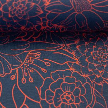 Preview: Baumwolljersey Primavera Blüten Terrakotta auf Dunkelblau by Bienvenido Colorido von Swafing